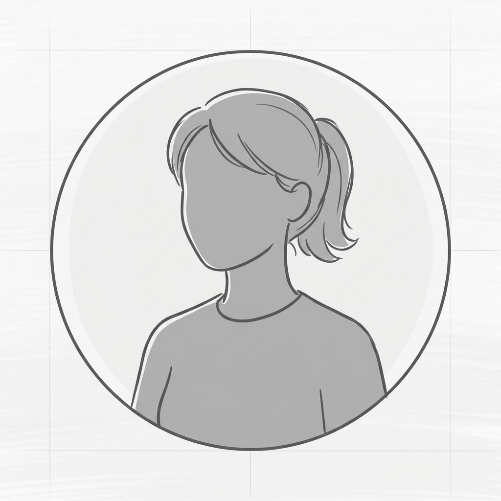 Grayscale female avatar with hair tied in a ponytail and casual top.