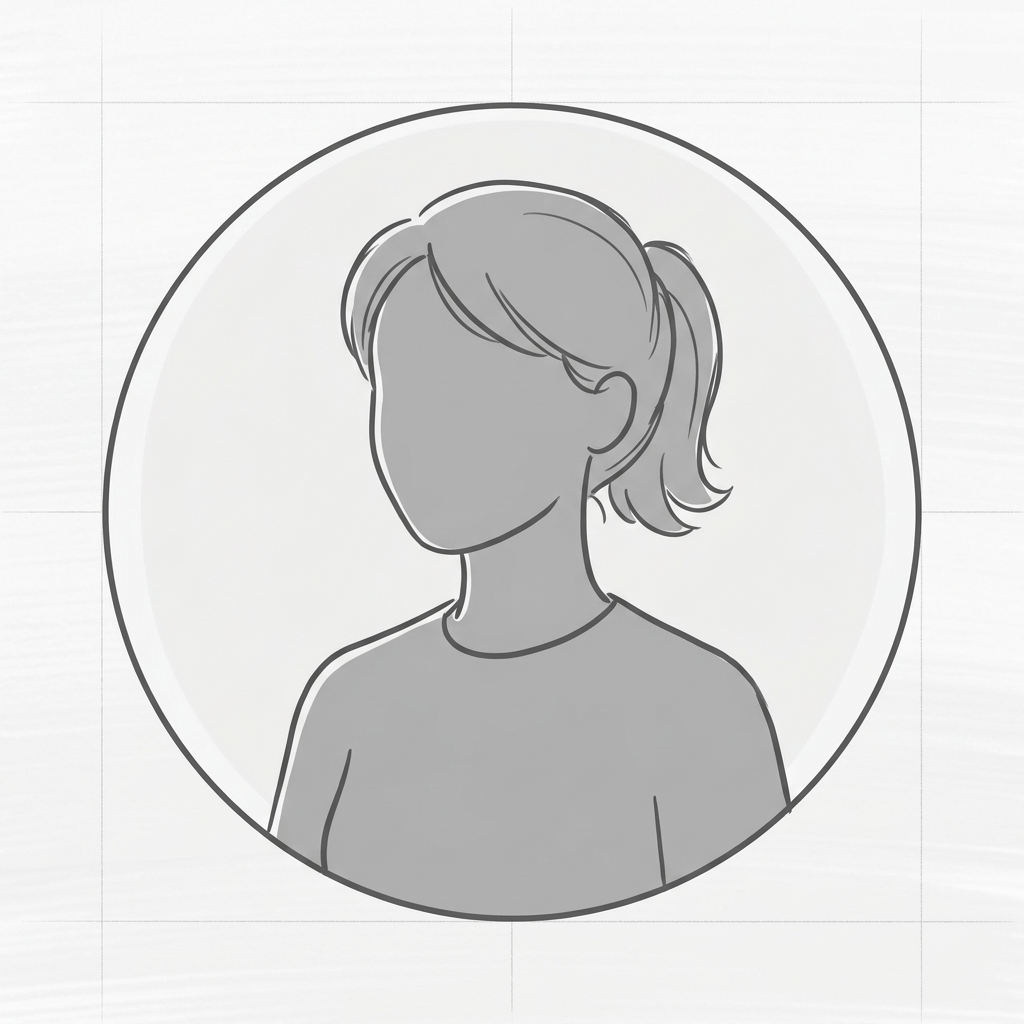 Grayscale female avatar with hair tied in a ponytail and casual top.